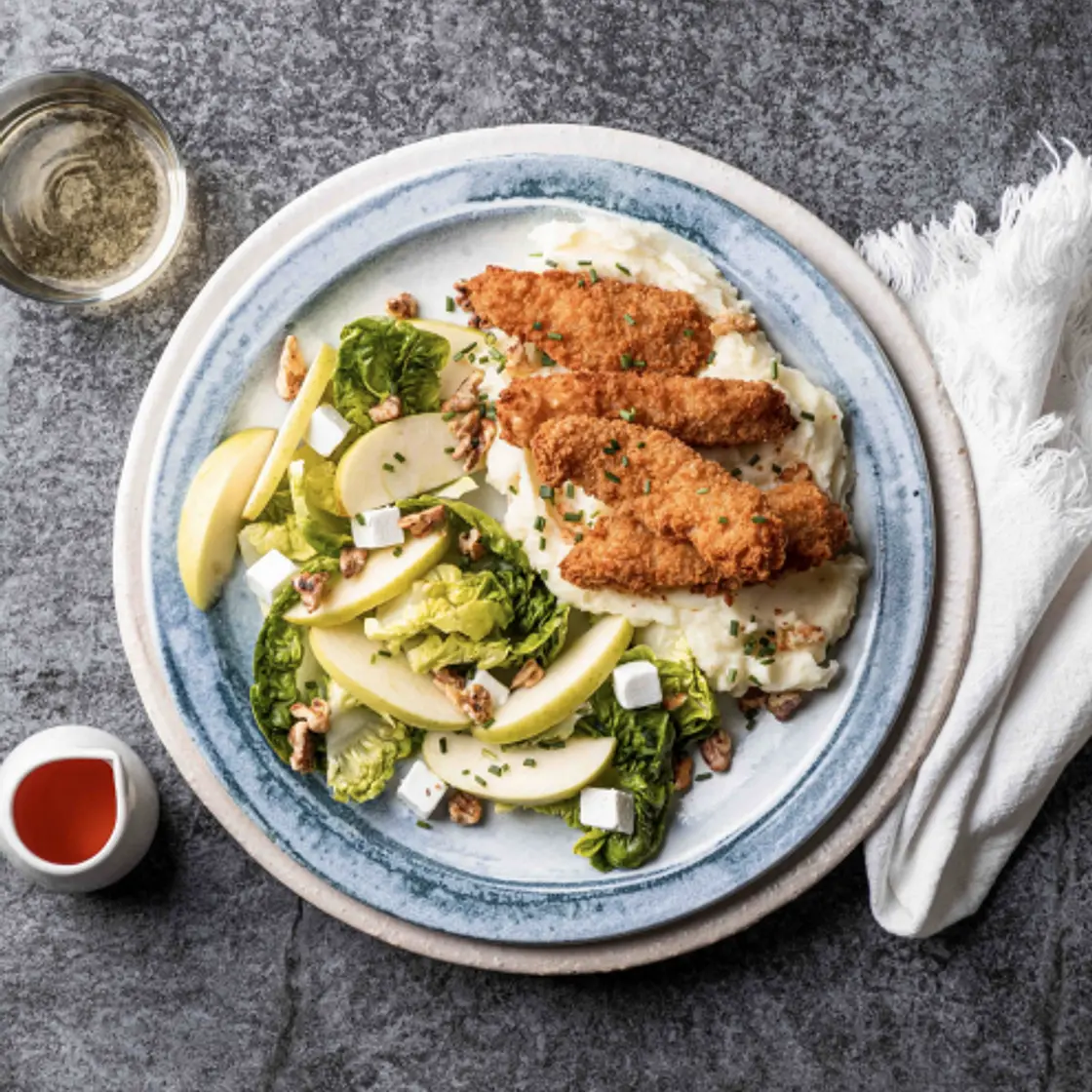 Hake Goujons & Apple Salad with toasted walnuts & a smooth potato mash