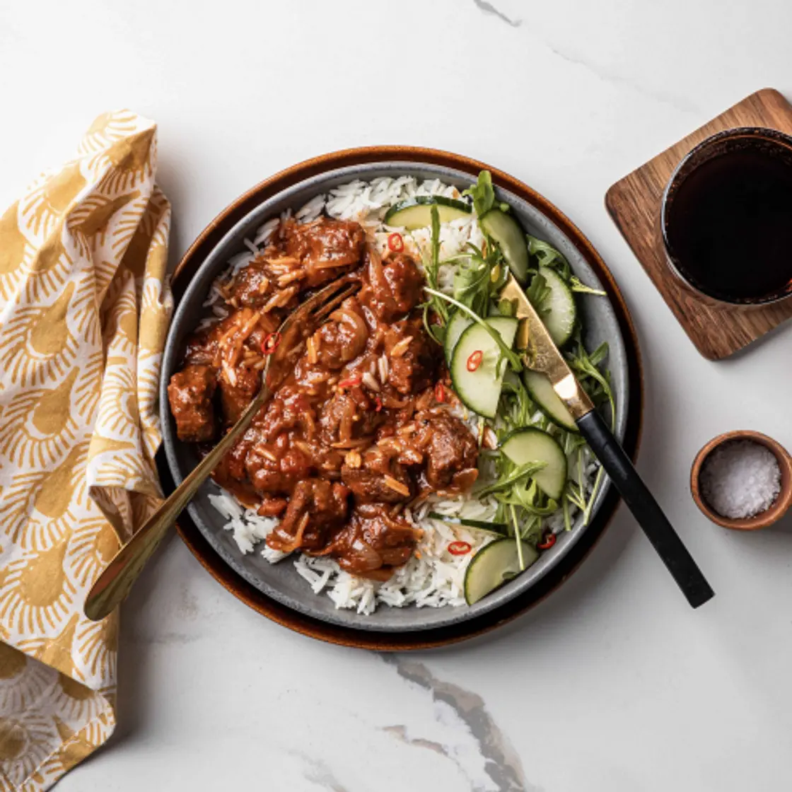 Durban-style Ostrich & Tomato Gravy with white basmati rice