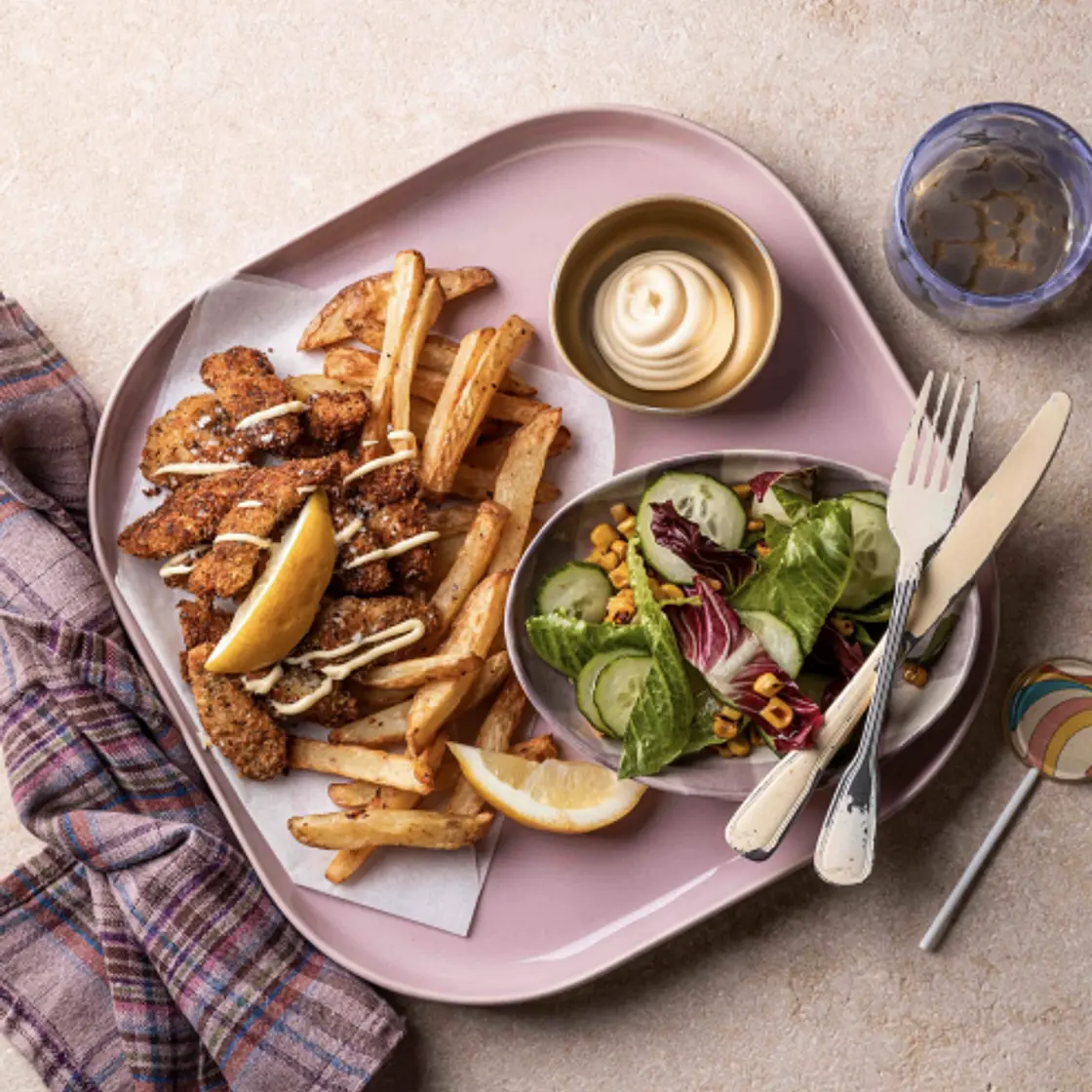 Bang Bang Chicken & Fries with lemony charred corn salad
