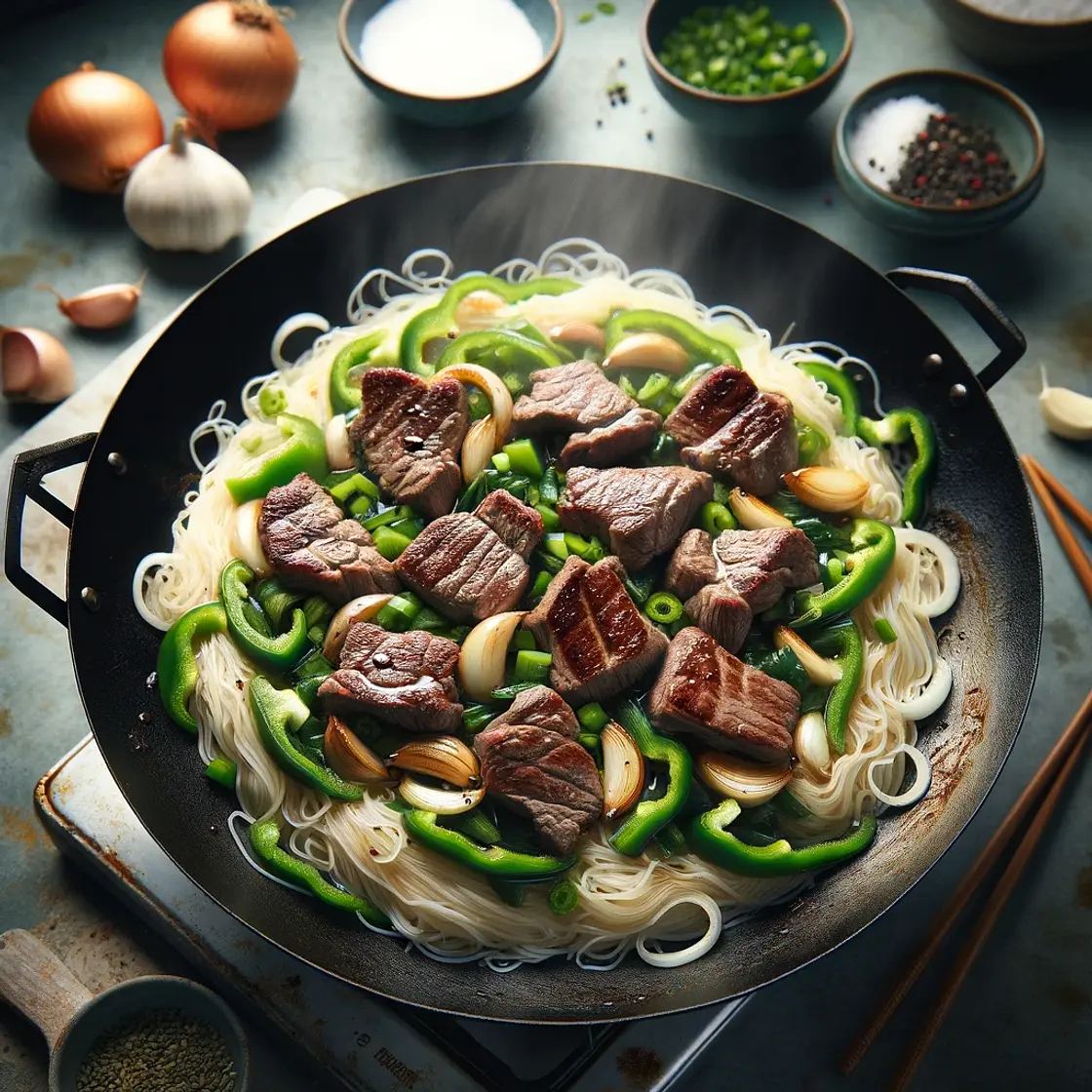 Wok de vermicelles et d’agneau