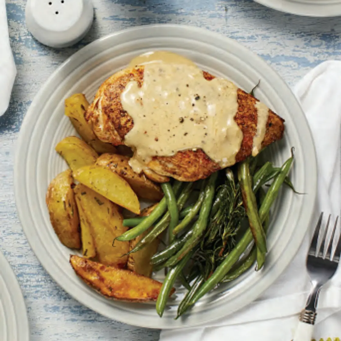 Lemon Peppercorn Chicken with Rosemary Garlic Roasted Potatoes and Green Beans
