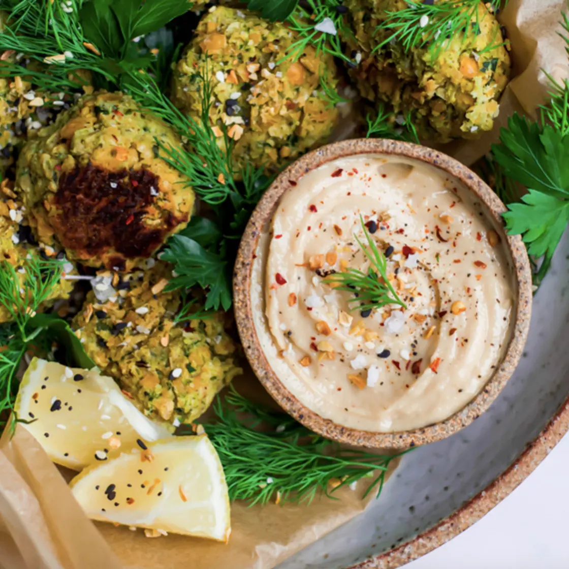 BROCCOLI FALAFEL + TAHINI MISO DRIZZLE