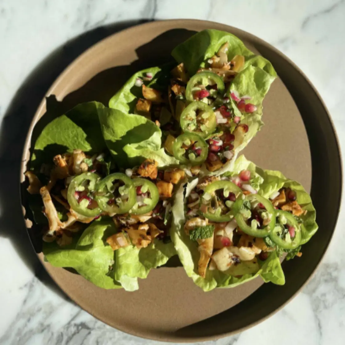 Roasted Veggie Lettuce Wrap + Pomegranate Relish - Bryan Johnson's Blueprint