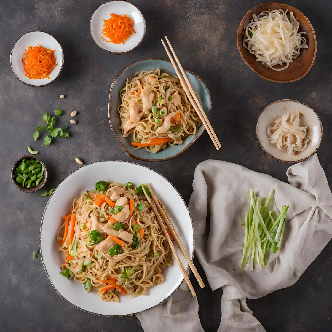 Chinesische gebratene Nudeln mit Hühnchenfleisch Ei und Gemüse