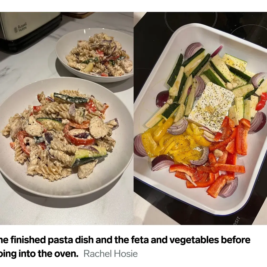 Baked Feta, Chicken and veggie pasta