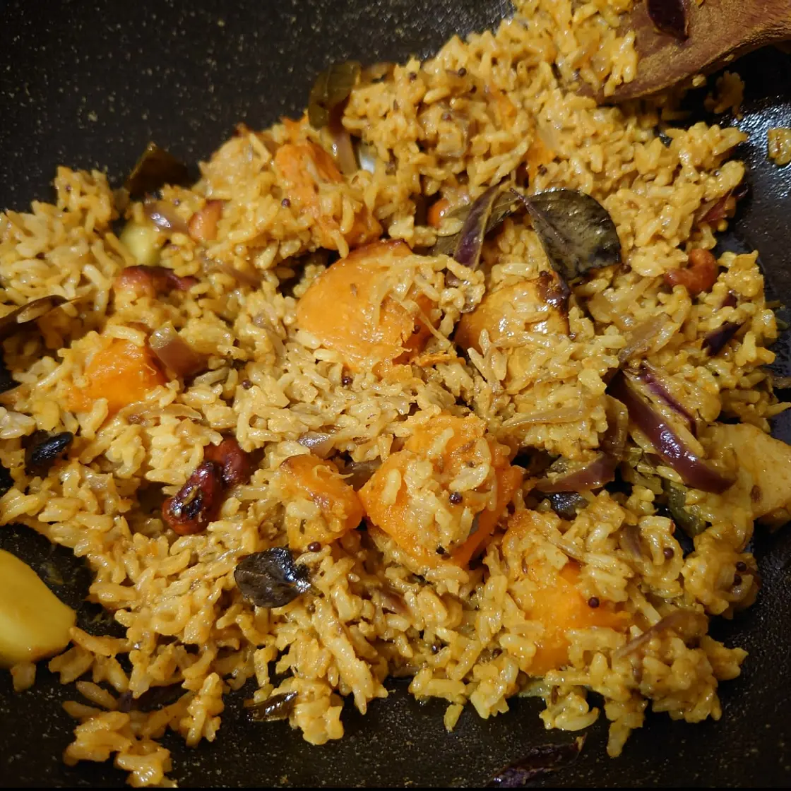 Pumpkin curry fried rice and katta sambol
