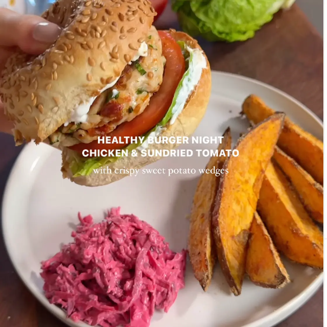 Chicken and sundried tomato burgers with crispy sweet potato wedges