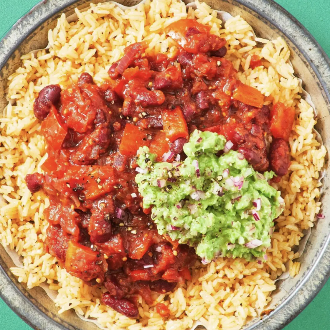 Smoky bbq beans and rice, with guacamole