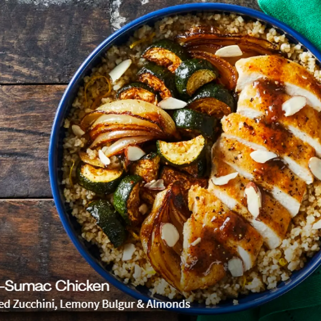 Apricot-Sumac Chicken with Roasted Zucchini, Lemony Bulgur & Almonds