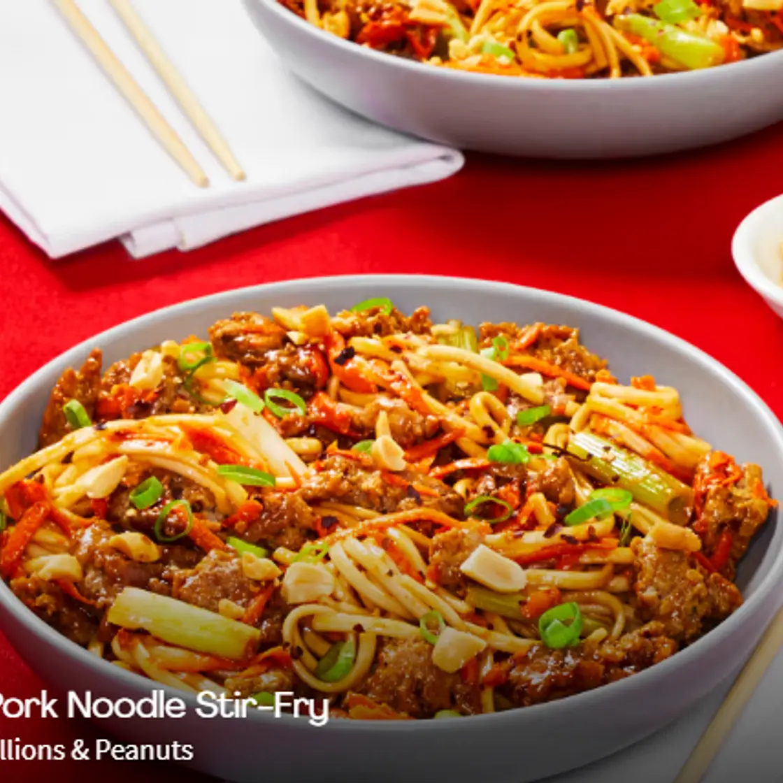 Szechuan Pork Noodle Stir-Fry with Carrot, Scallions & Peanuts