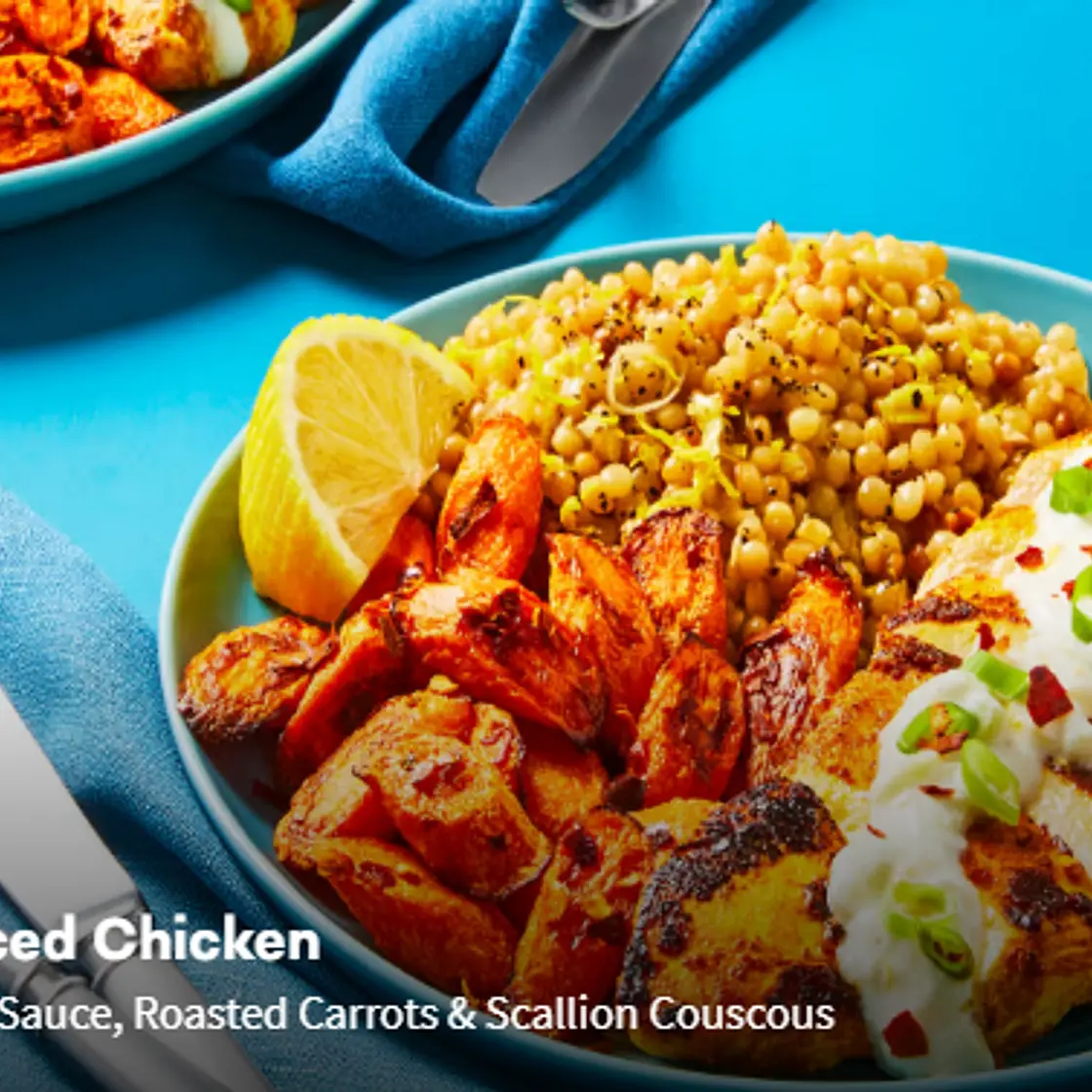 Tunisian-Spiced Chicken with Creamy Garlic Sauce, Roasted Carrots & Scallion Couscous