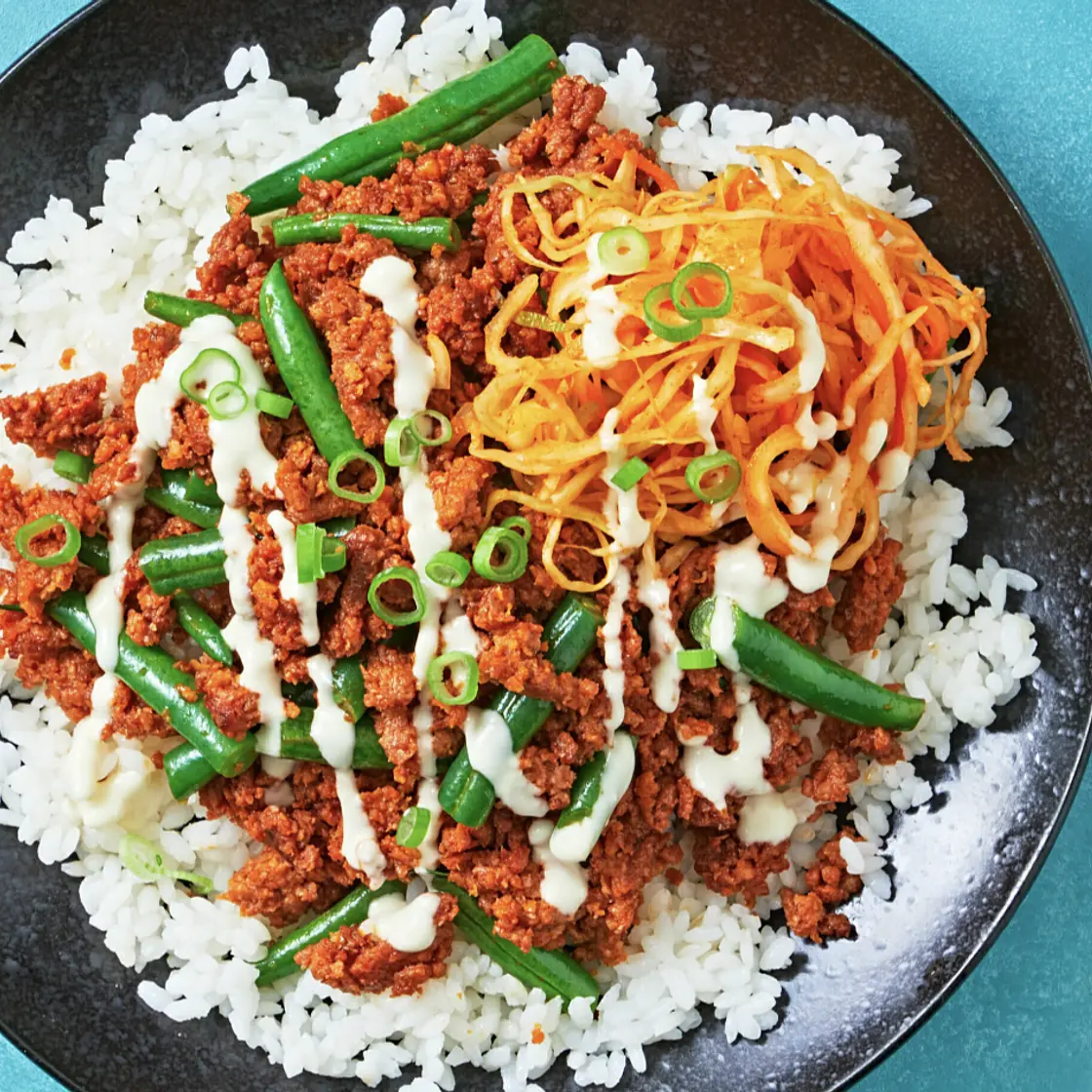 Korean Plant-Based Mince Stir-Fry
with Rice and Cheat's Kimchi