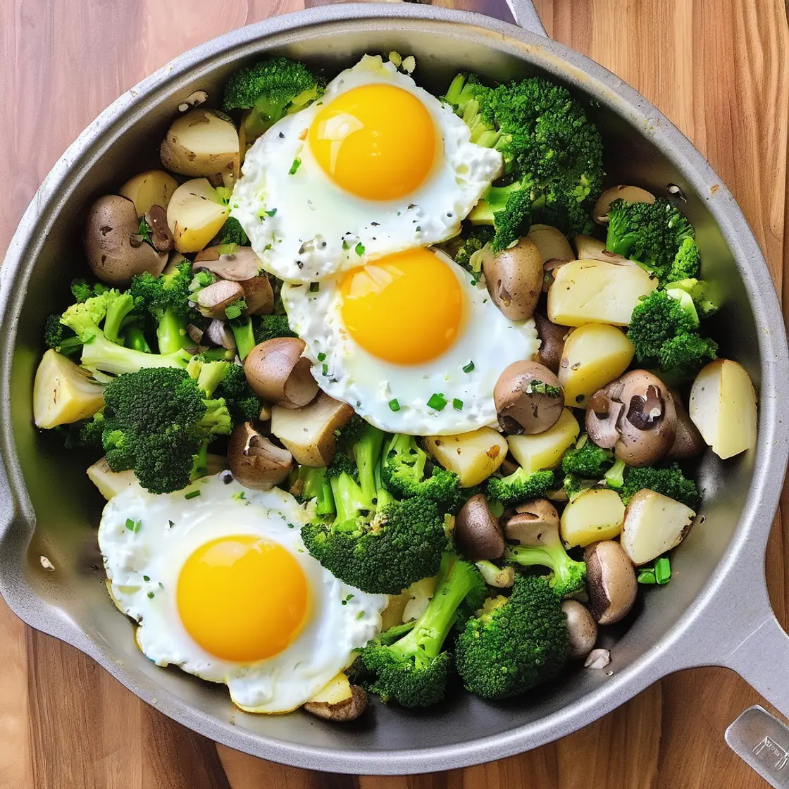 Broccoli with mushrooms , potatoes and eggs 🥦🥔🥚