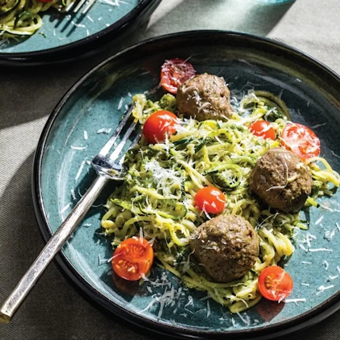 Zucchini Noodles with Pesto Meatballs
