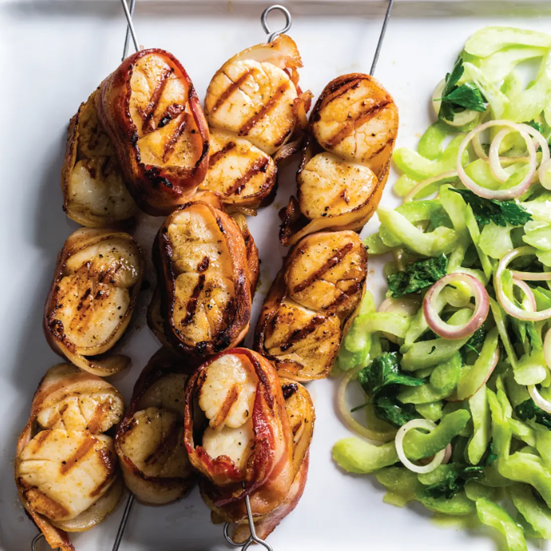 Grilled Bacon-Wrapped Scallops with Celery Salad