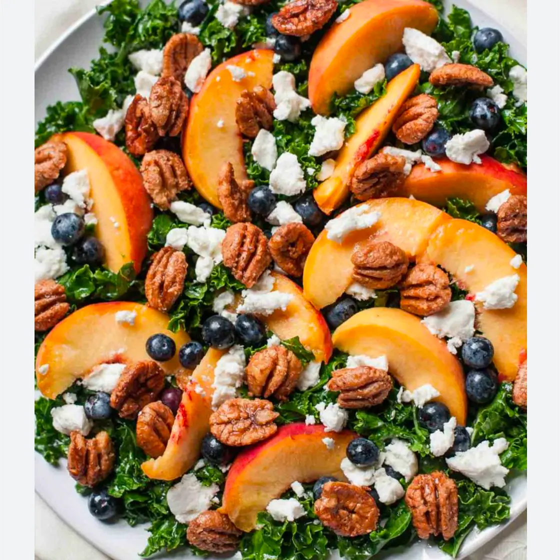 Tuscan Kale (Cavolo Nero) and Peach Salad with Cashews and Blue Cheese: Luscious!