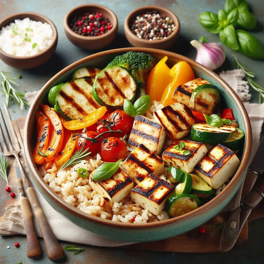 Grilled Halloumi and Roasted Vegetable Rice Bowl