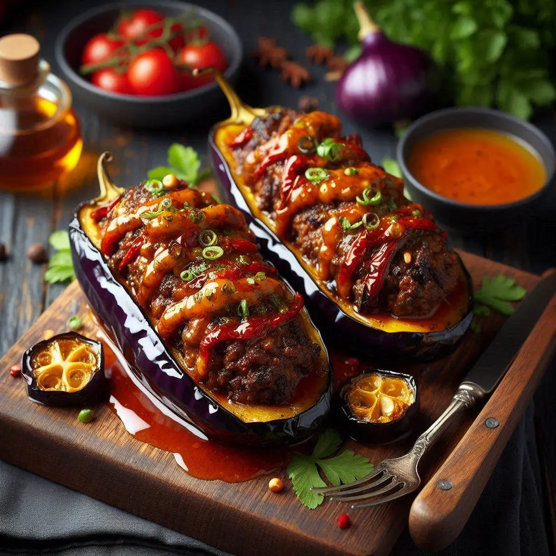 Spicy Chipotle Beef-Stuffed Aubergines with Hot Honey Drizzle