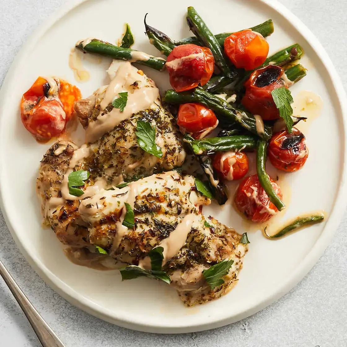 Sheet-Pan Chicken and Tomatoes With Balsamic Tahini