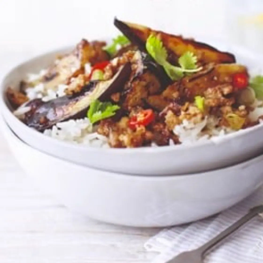 Sticky aubergine and pork on rice Waitrose