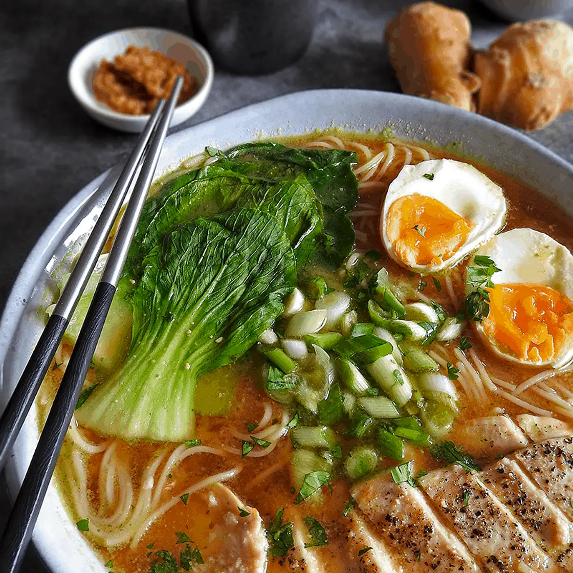Miso Ramen Noodle Soup with Vegetables and Chicken