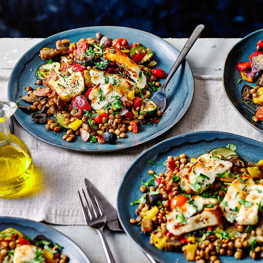 Halloumi and lentil tray bake