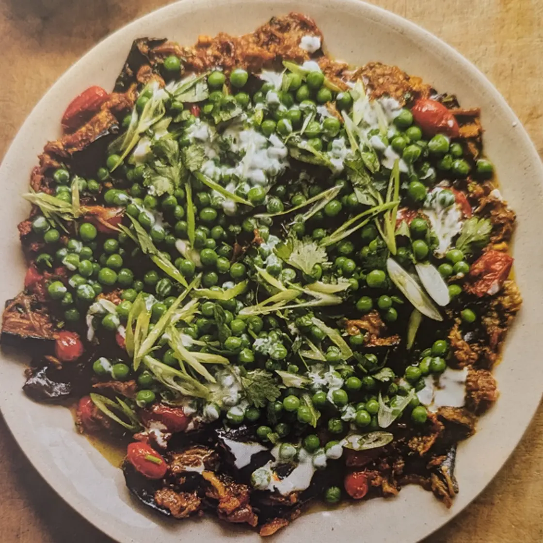 Spiced mashed eggplant and peas (Ottolenghi test kitchen)
