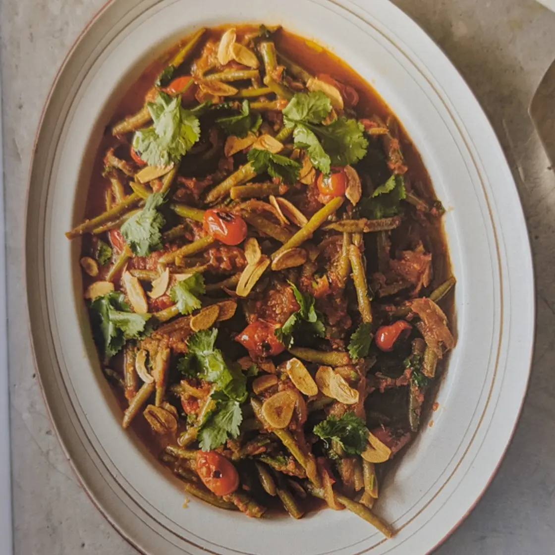 Braised green beans with tomato, cardamom and garlic (Ottolenghi test kitchen)