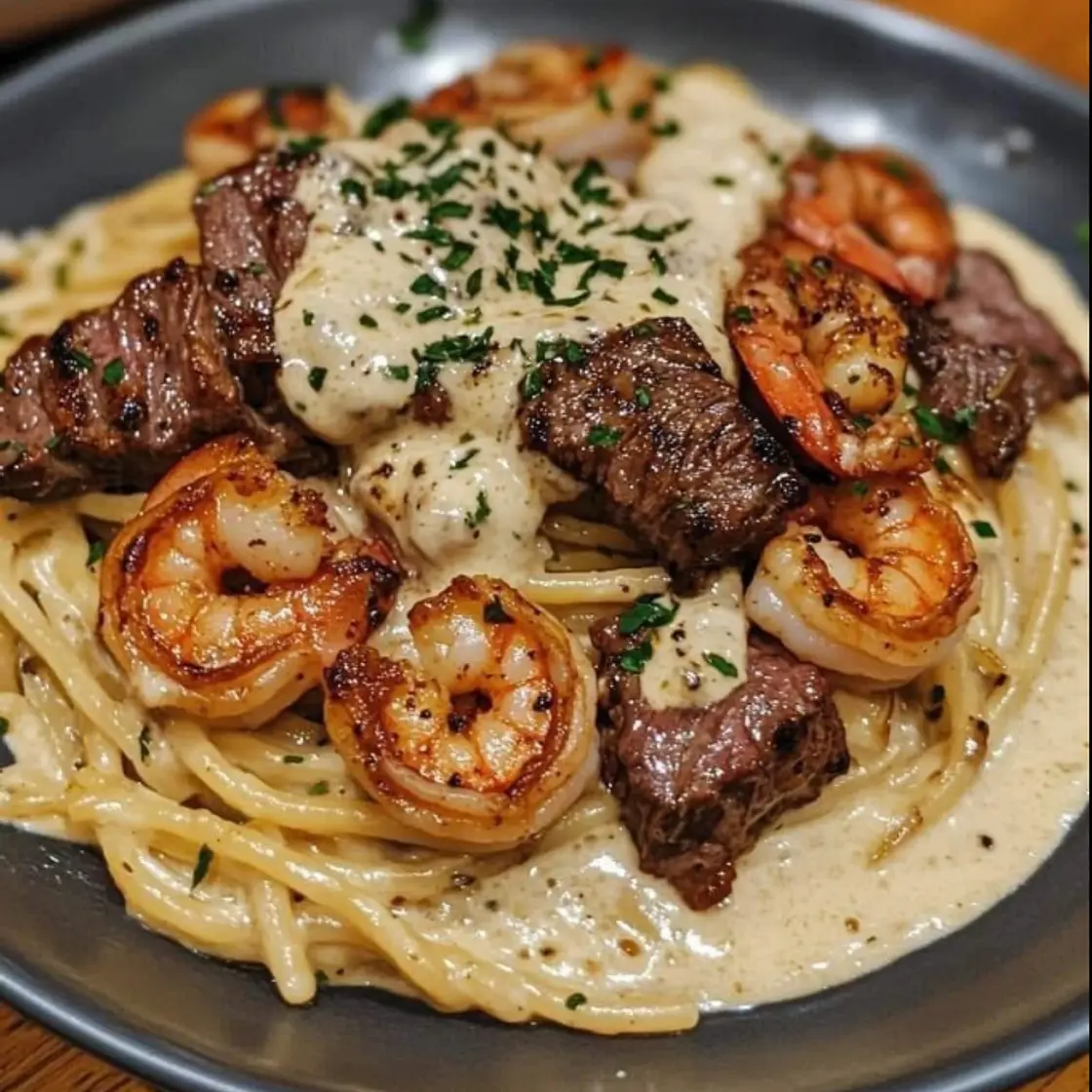Cajun Shrimp and Steak Alfredo Pasta