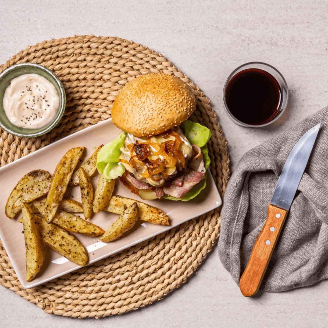 Gourmet Bacon & Brie Beef Burger with Herby Wedges