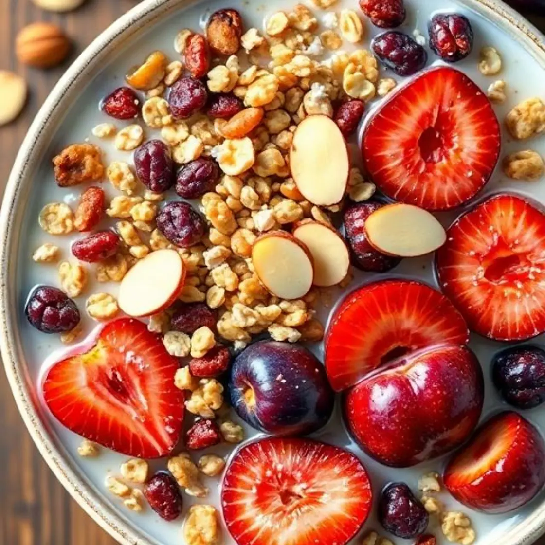 Muesli with strawberries and plums