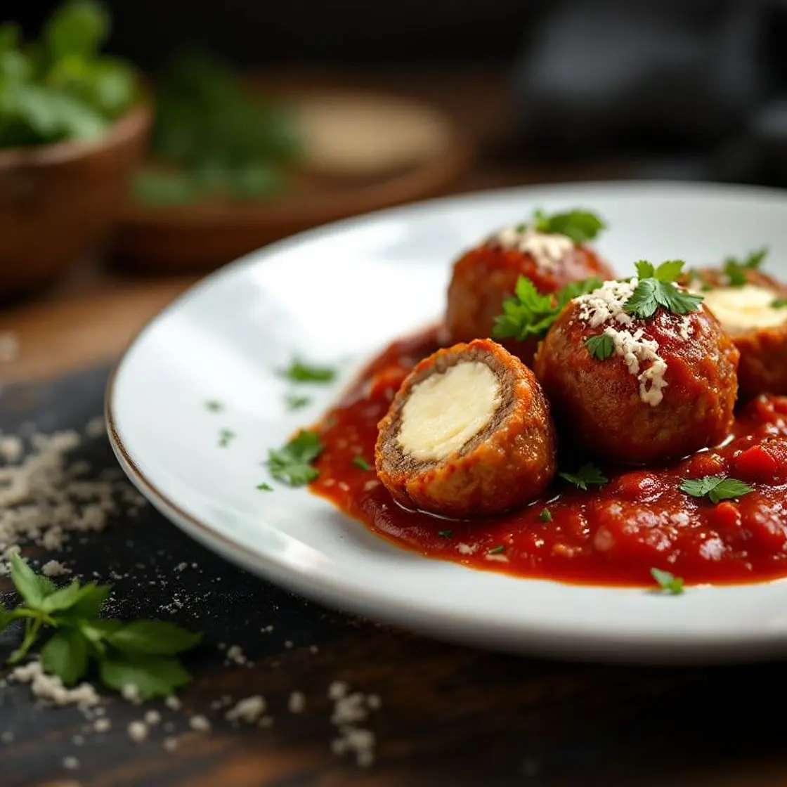 Healthier Mozzarella Stuffed Meatballs with Homemade Marinara