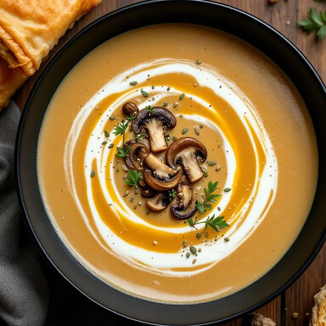 Triple Cheese Protein Soup with Smoky Mushroom Strudel