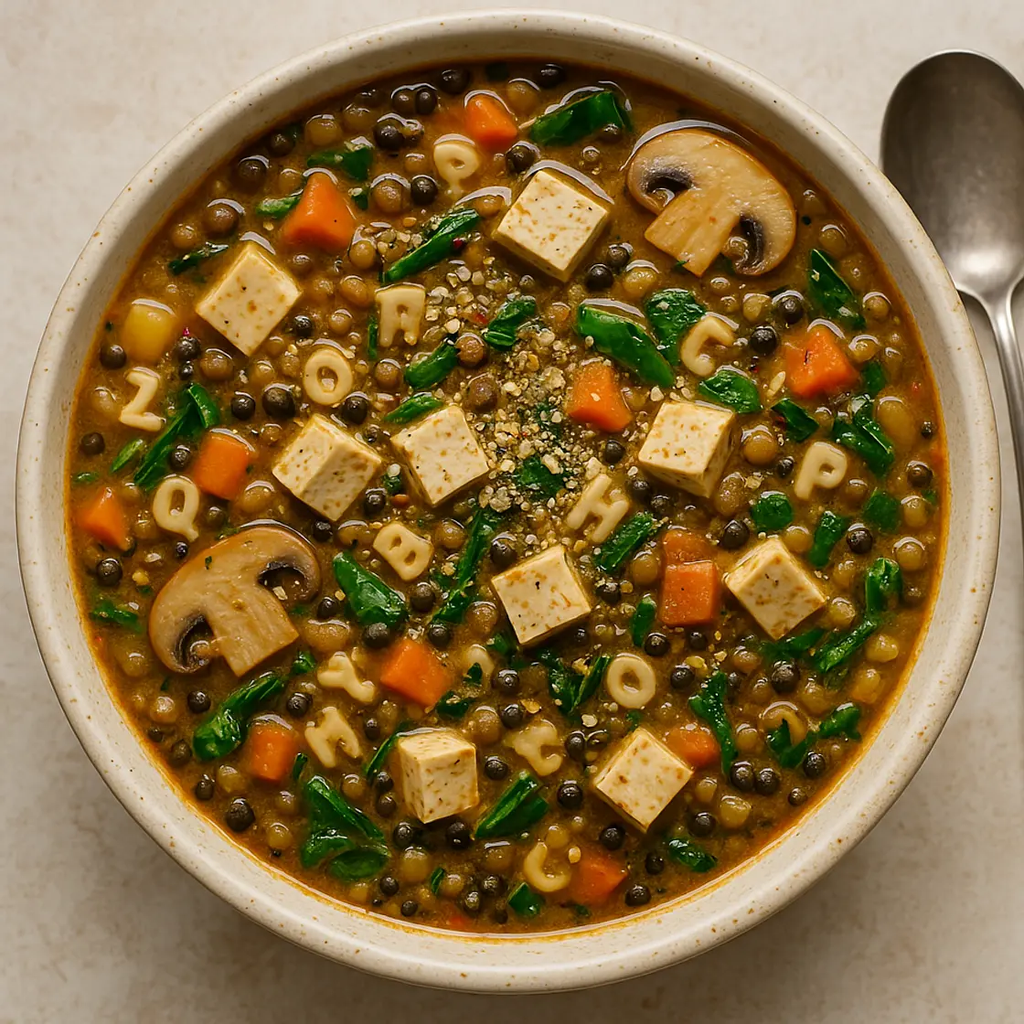 Watery Lentil Alphabet Soup with Tofu, Seeds, Mushrooms & Miso