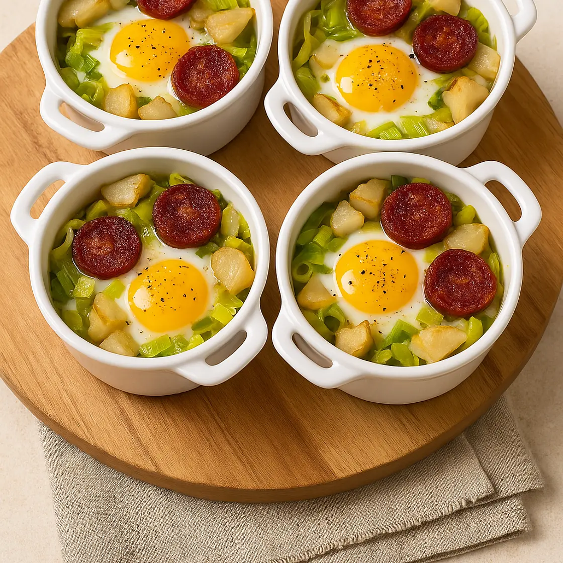 Œufs cocotte aux poireaux, chorizo et topinambours