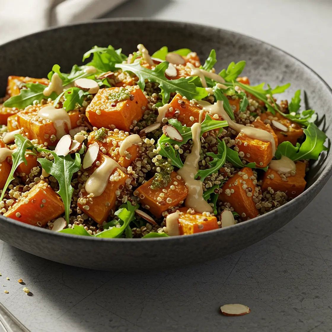 Roasted Sweet Potato, Quinoa & Arugula Salad with Maple-Tahini Dressing