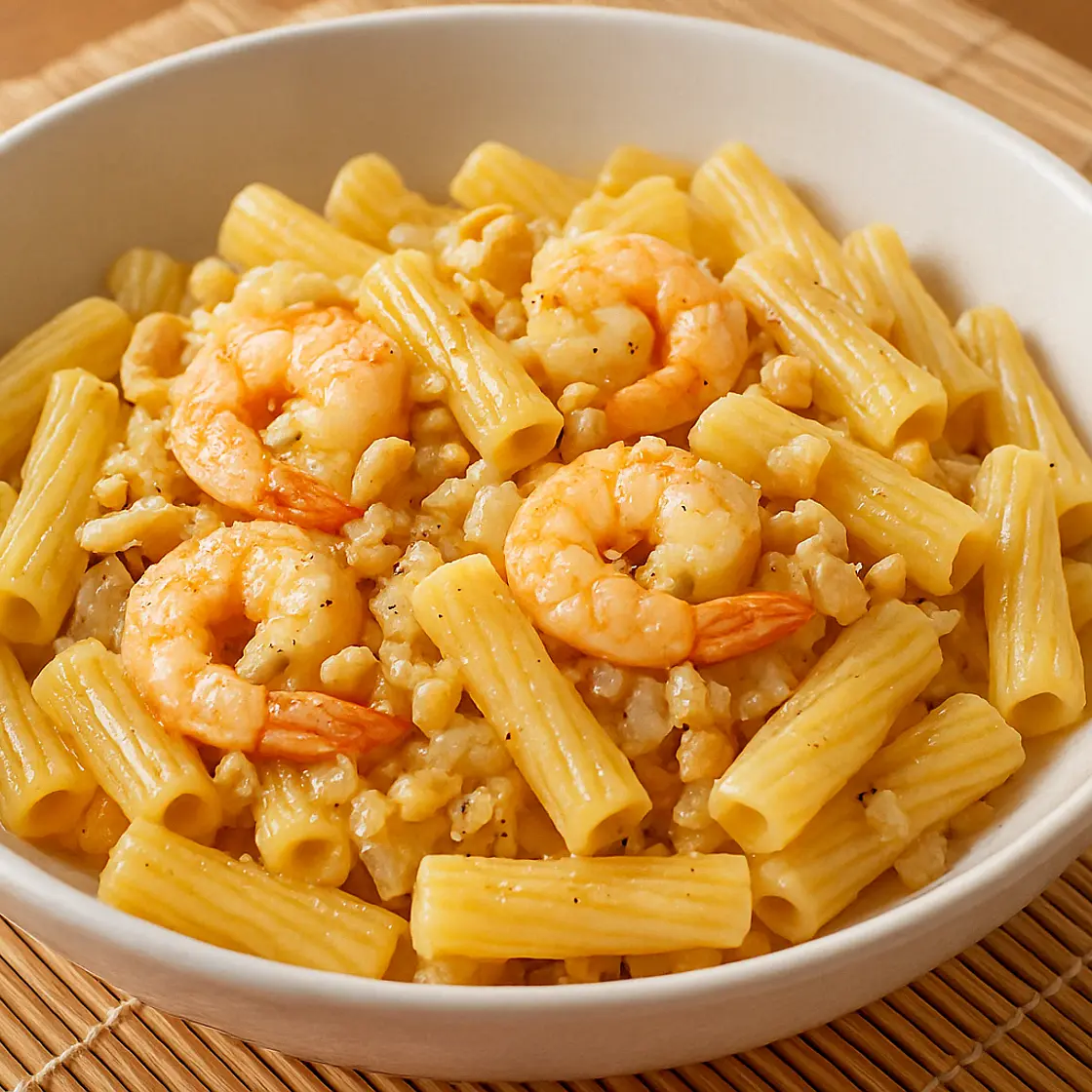 Tortiglioni con gambas, ajo y toque crujiente de anacardos