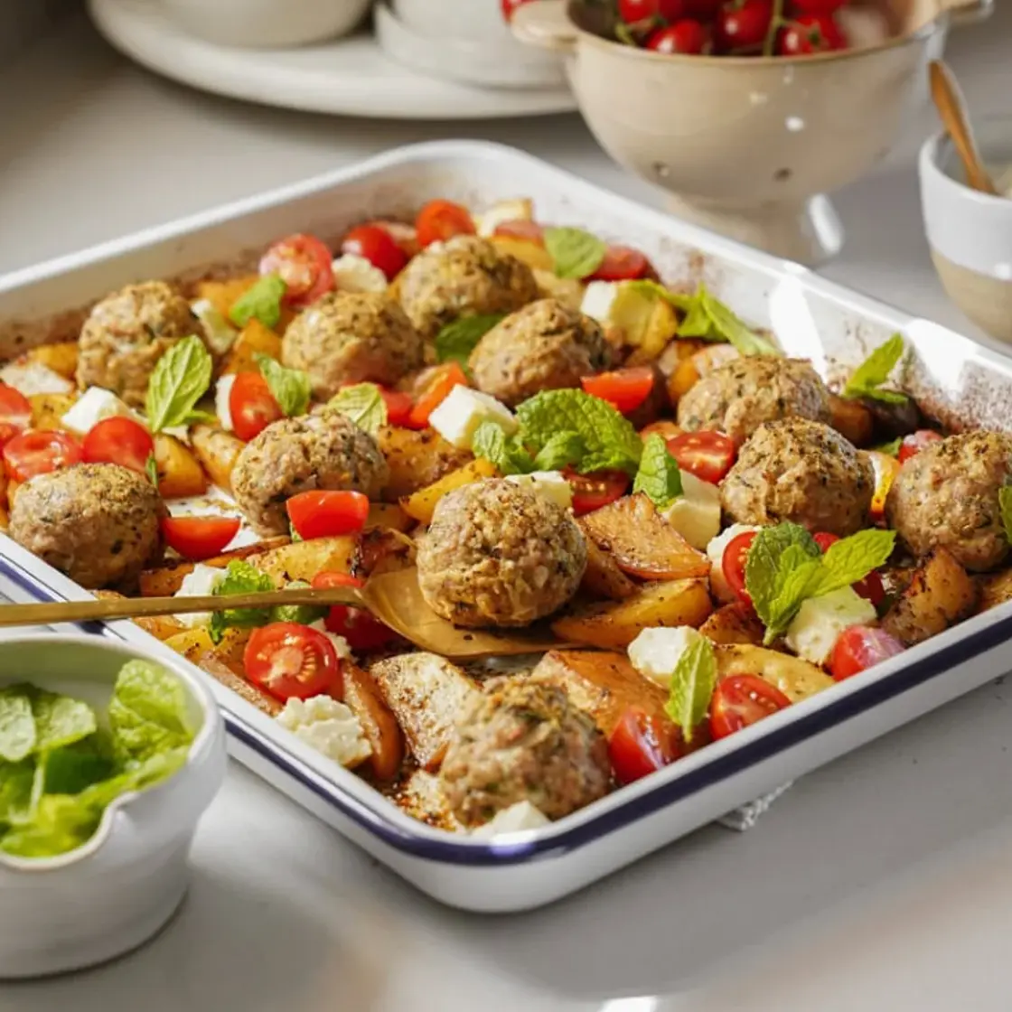 Sheet Pan Greek Meatballs & Lemon Potatoes and Green Beans