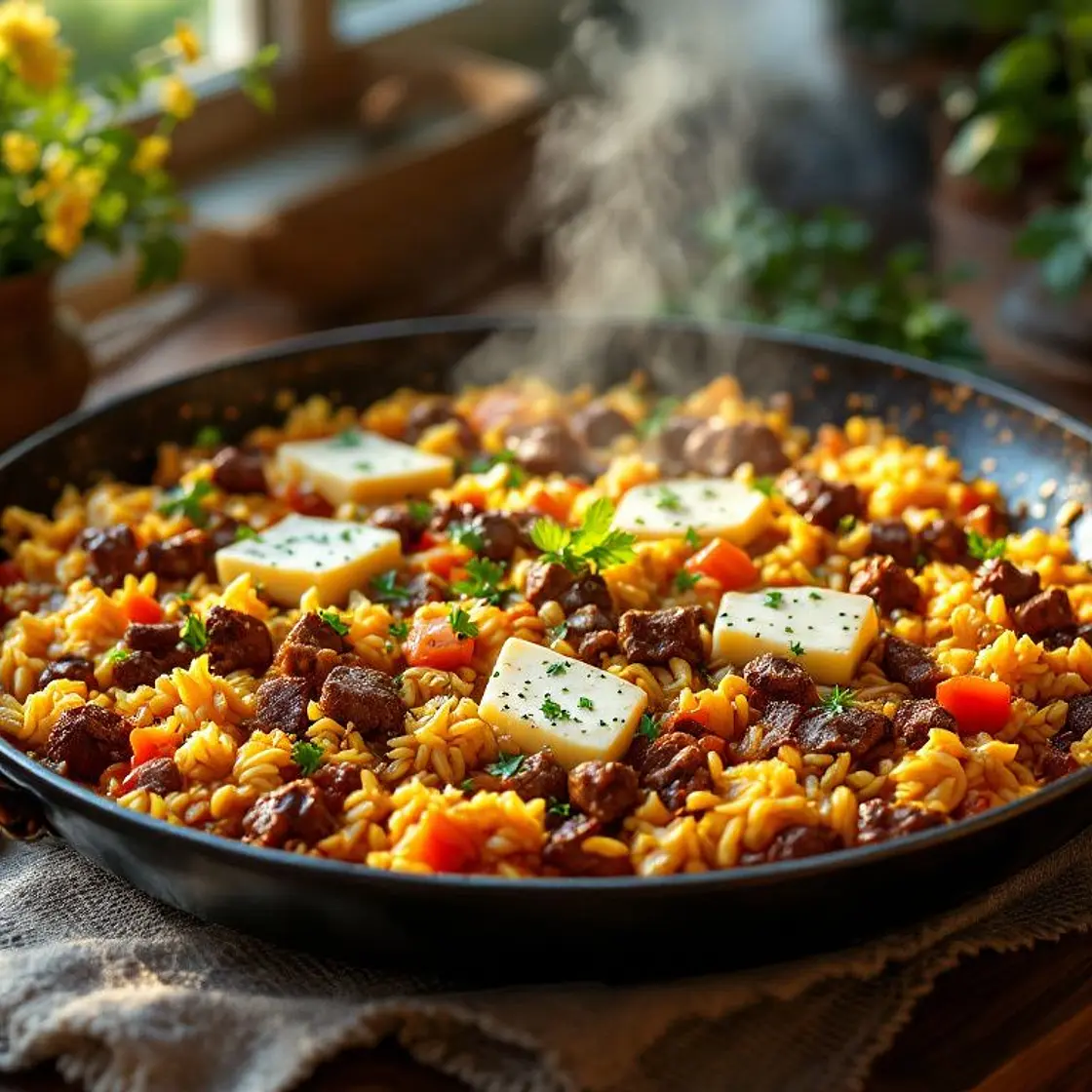 Mediterranean Beef & Pork Paella with Three Cheeses