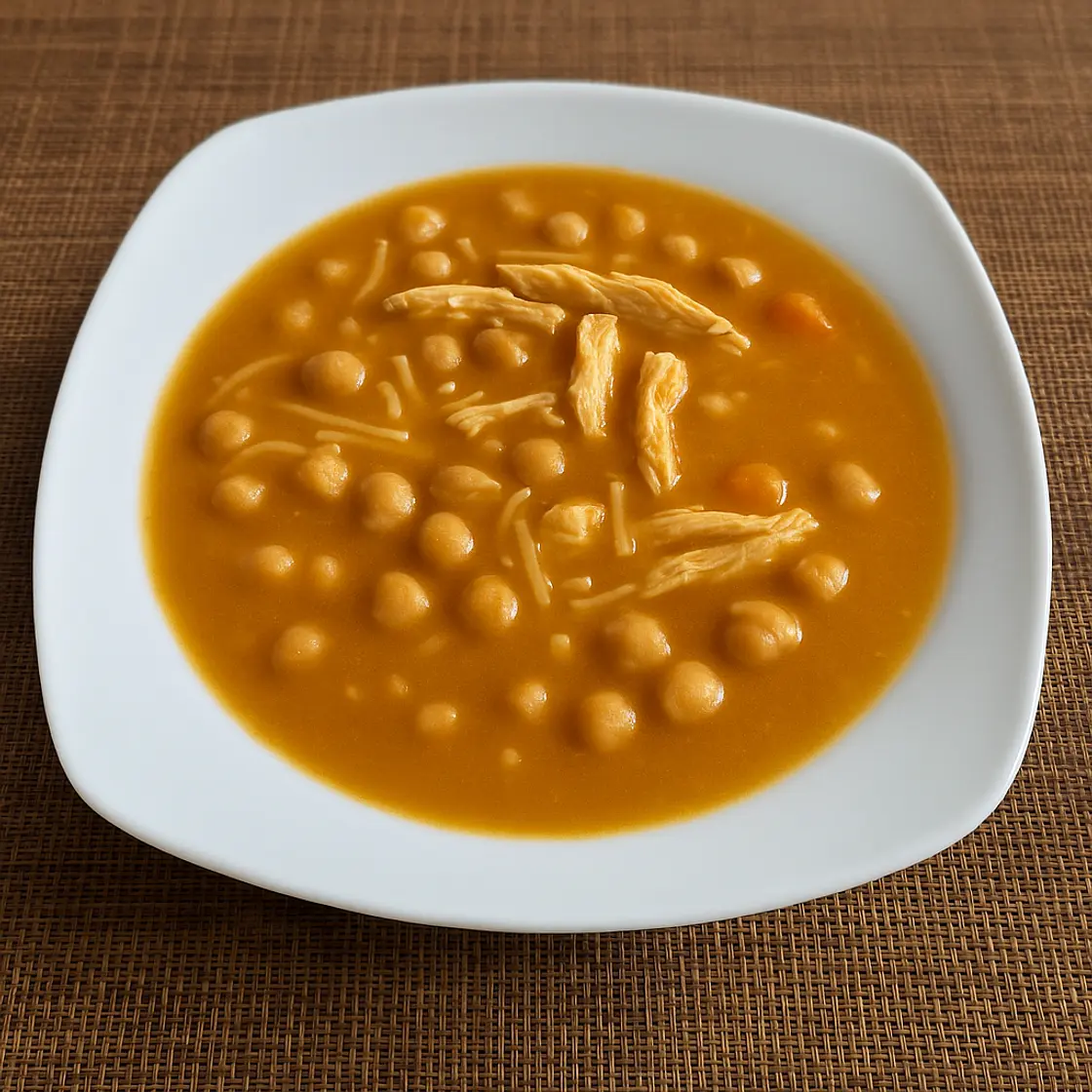 Caldo casero de pollo con verduras y garbanzos