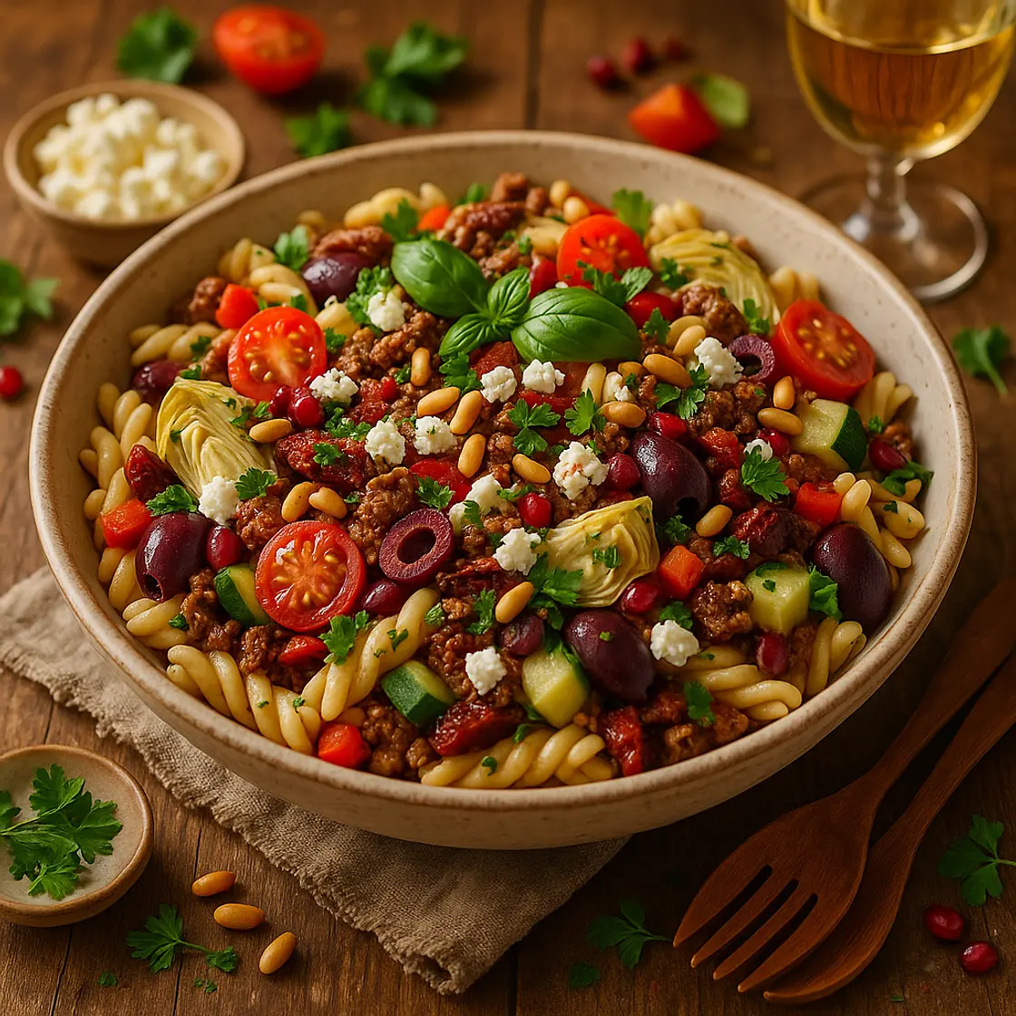 Mediterranean Spiced Pasta Salad with Minced Meat