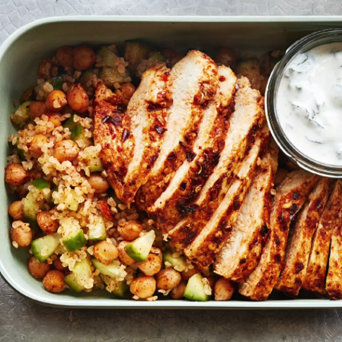 Harissa chicken and chickpeas with bulgur