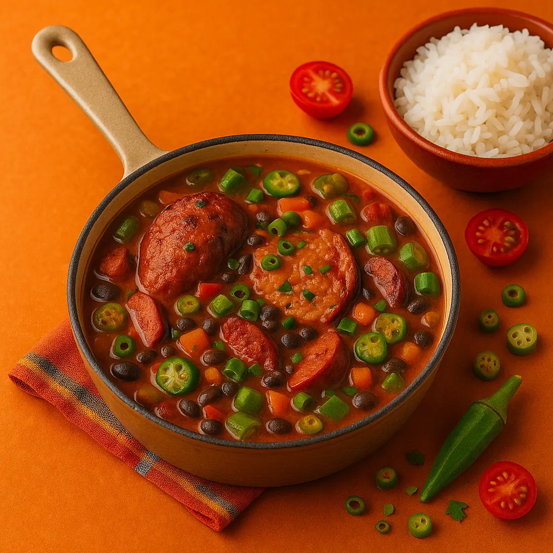 Gombo healthy au poulet, riz et lardons