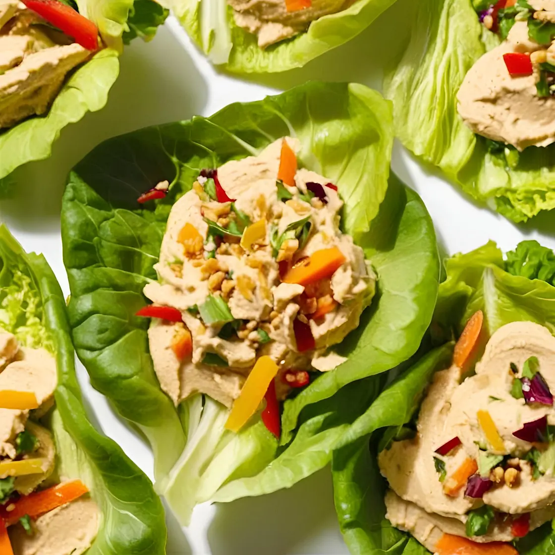 Ensaladas de hojas de lechuga rellenas de hummus y verduras crujientes