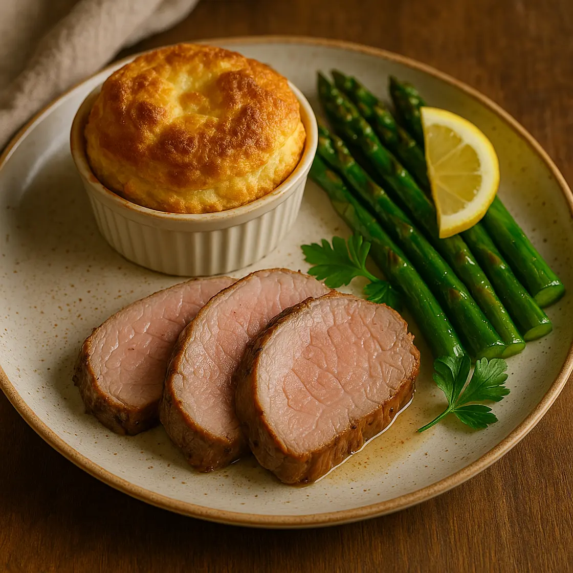 Soufflé au fromage, rôti de veau et poêlée d’asperges