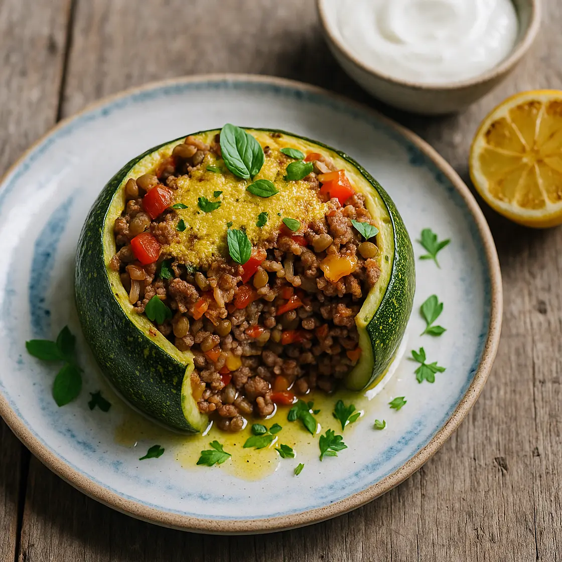 Mediterranean Spiced Stuffed Marrows with Garlic-Lime Cheese Topping