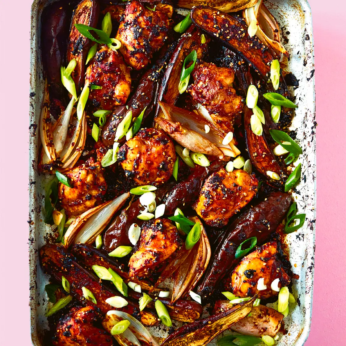Miso Chicken With Aubergines, Spring Onions & Chilli (One Roasting Tin)