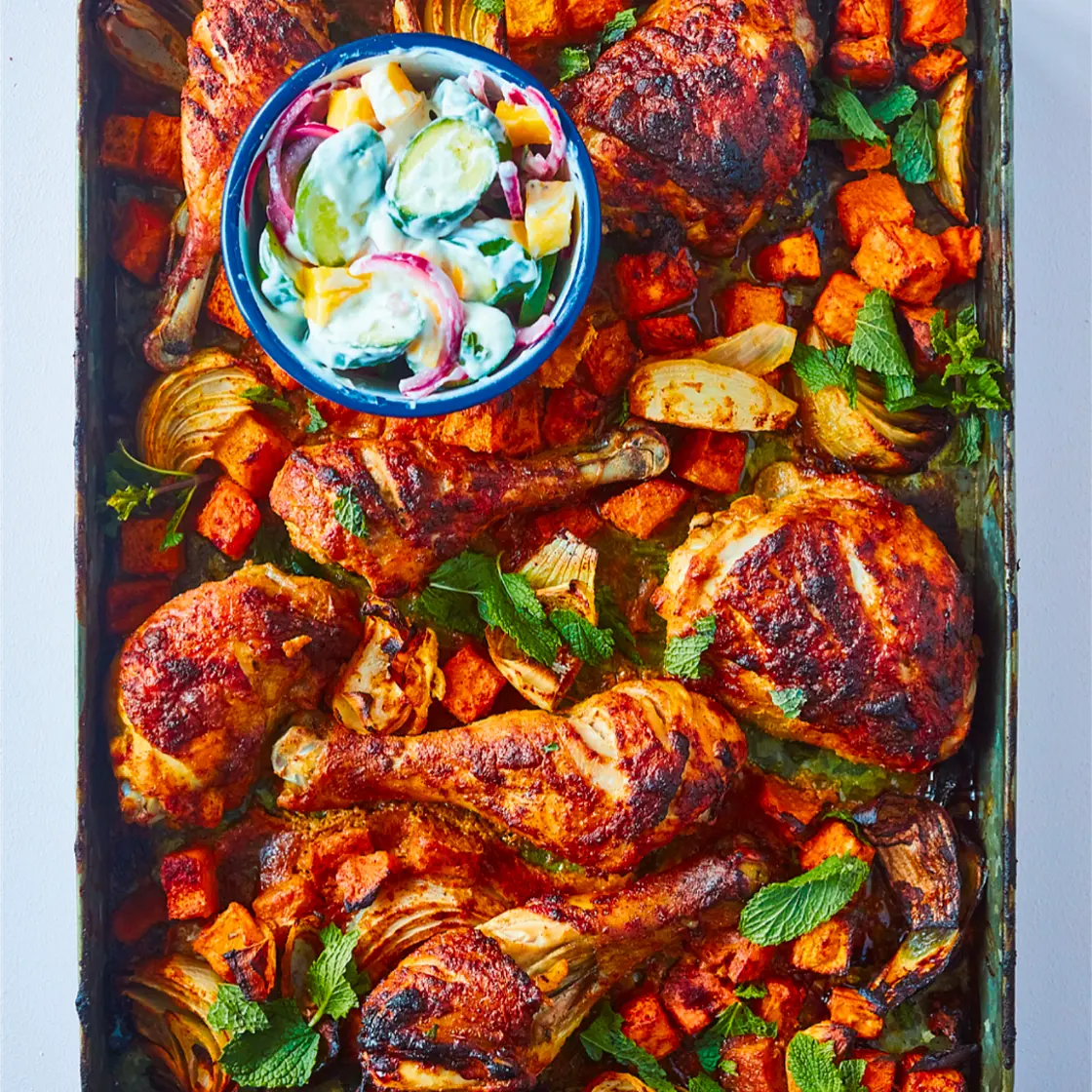 Tandoori Chicken with Roasted Sweet Potato and Mint (One Roasting Tin)
