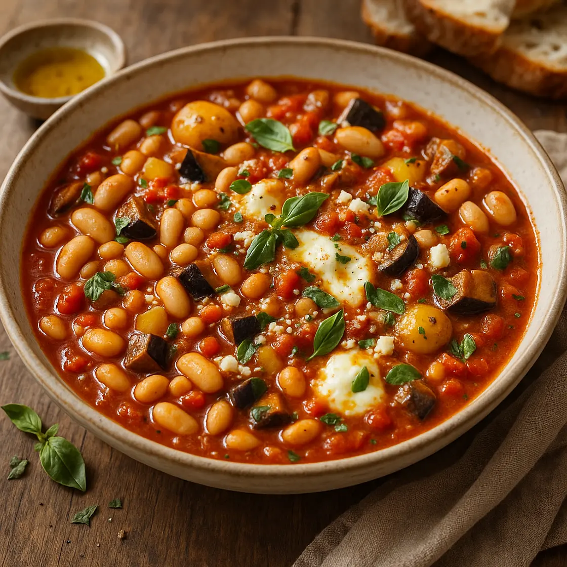 Mediterranean Tomato and White Bean Stew with Melted Cheese
