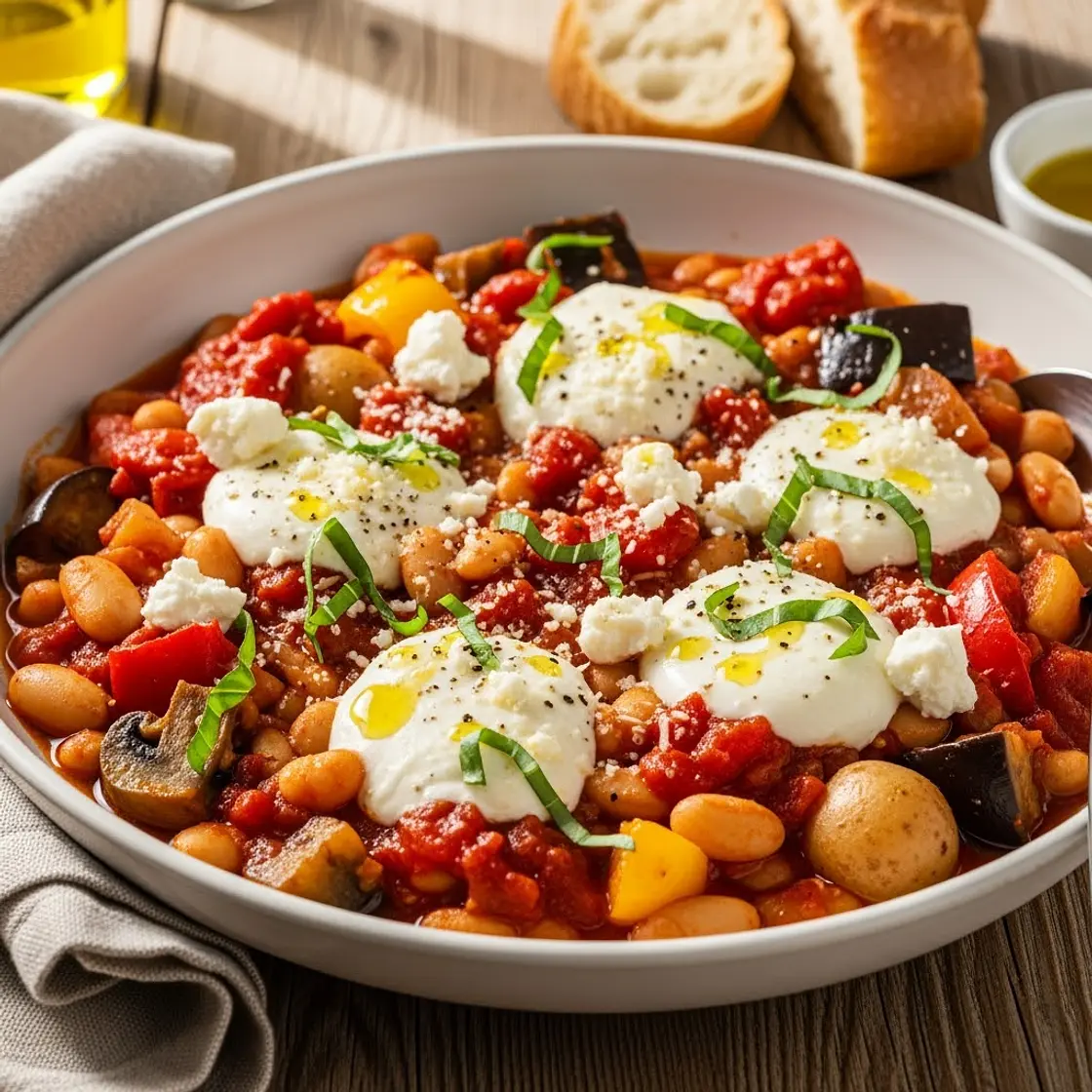 Mediterranean Tomato and White Bean Stew with Melted Cheese